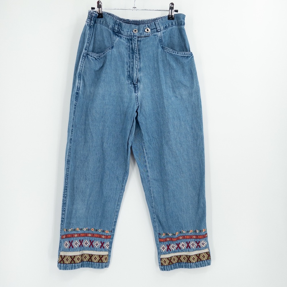 Vintage Y2K Chelsea Studio Embroidered Jeans Women 10 Boho Folk Artsy 90s Hippie
